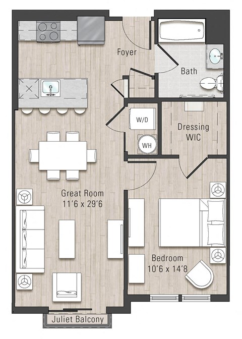 Floor plan for 1 bed, 1 bath, 695 sqft